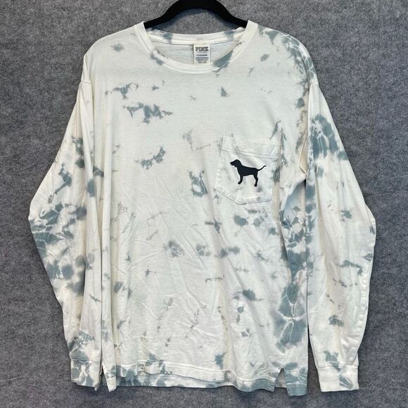PINK VICTORIA'S SECRET Top Womens Small White Gray Tie Dye Long Sleeve Crew Neck - Picture 2 of 15